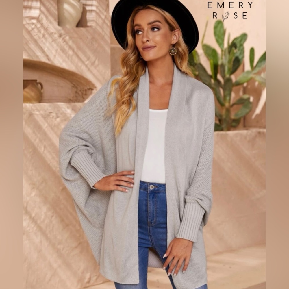 SHEIN Emery Rose Light Grey Batwing Sleeve Open Front Cardigan Size XL (12)